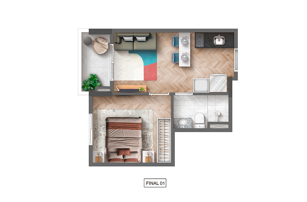 Planta ilustrada | 1 dorm | 26,3m² | Final 1