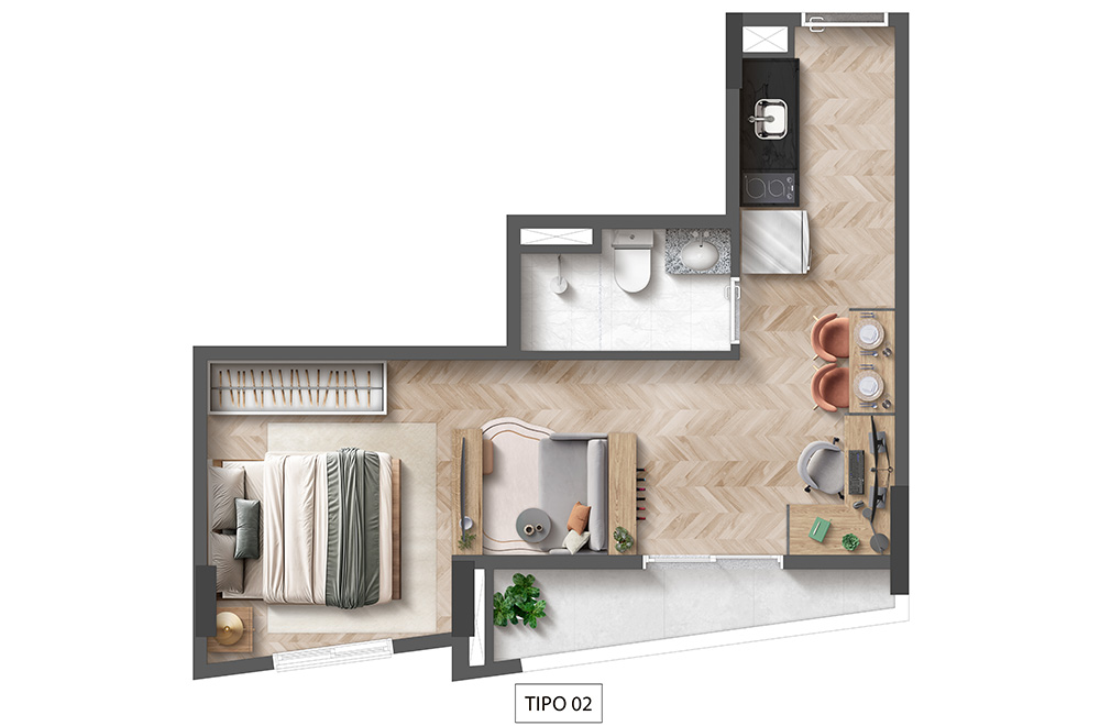 Planta ilustrada | 1 dorm | 30m² | Final 2