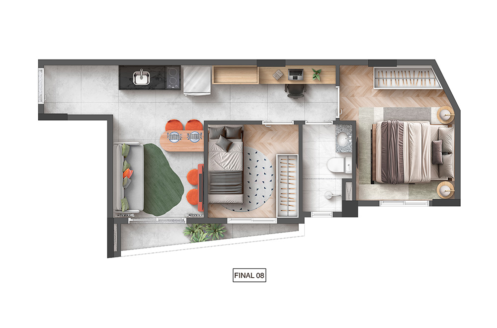 Planta ilustrada | 2 dorms | 37m² | Final 8